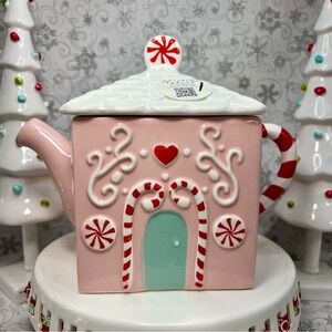 LANG Christmas Pale Pink Peppermint Gingerbread Candy Cane Ceramic Xmas Teapot